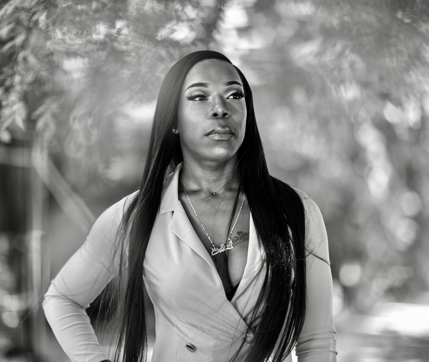 Black-and-white editorial portrait of Eisha Love