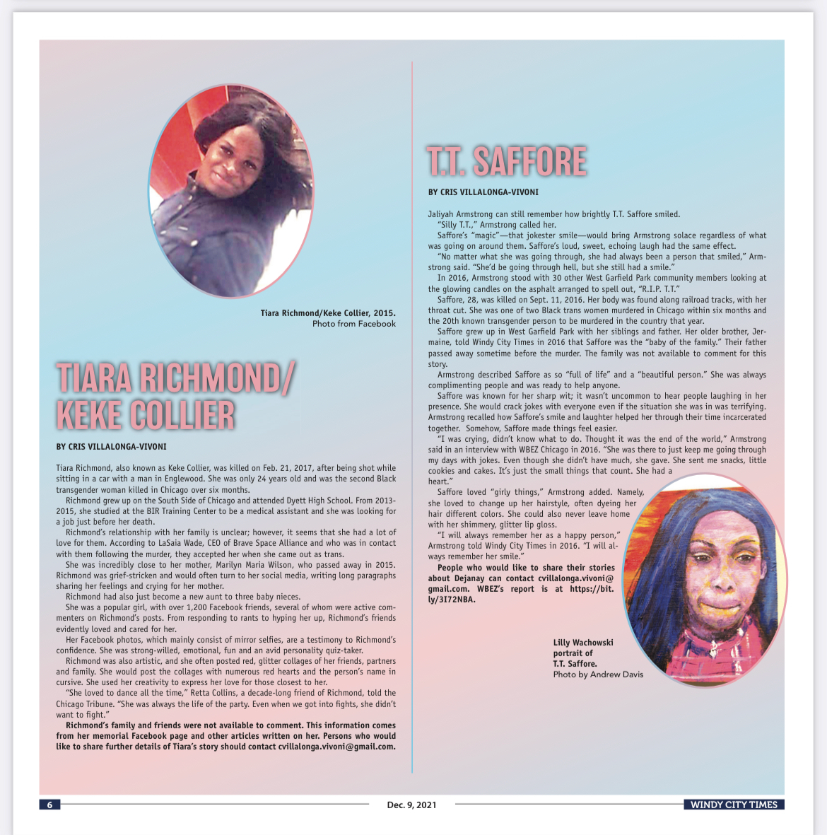 Windy City Times memorial pages for Tiara Richmond, also known as Keke Collier, and T.T. Saffore